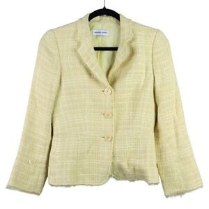 Gerard Darel Tweed Jacket Womens Size 36 Yellow Single Breasted 3 Button Fringe